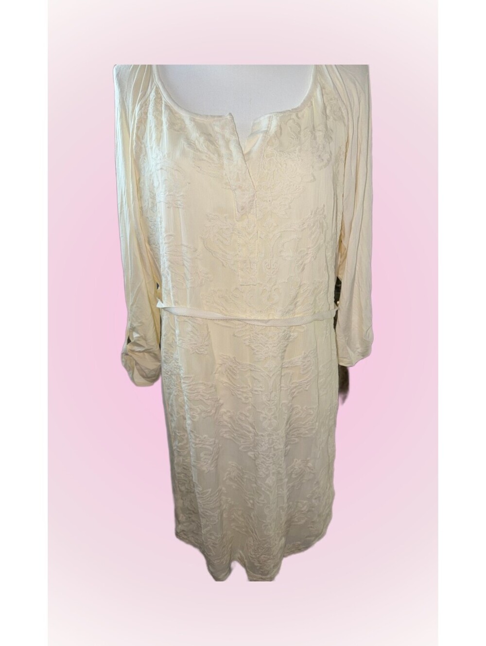 Women's Belted Cato Ivory Cream Embroidered Boho Tunic Dress 3/4 Roll Tab Sleeve
